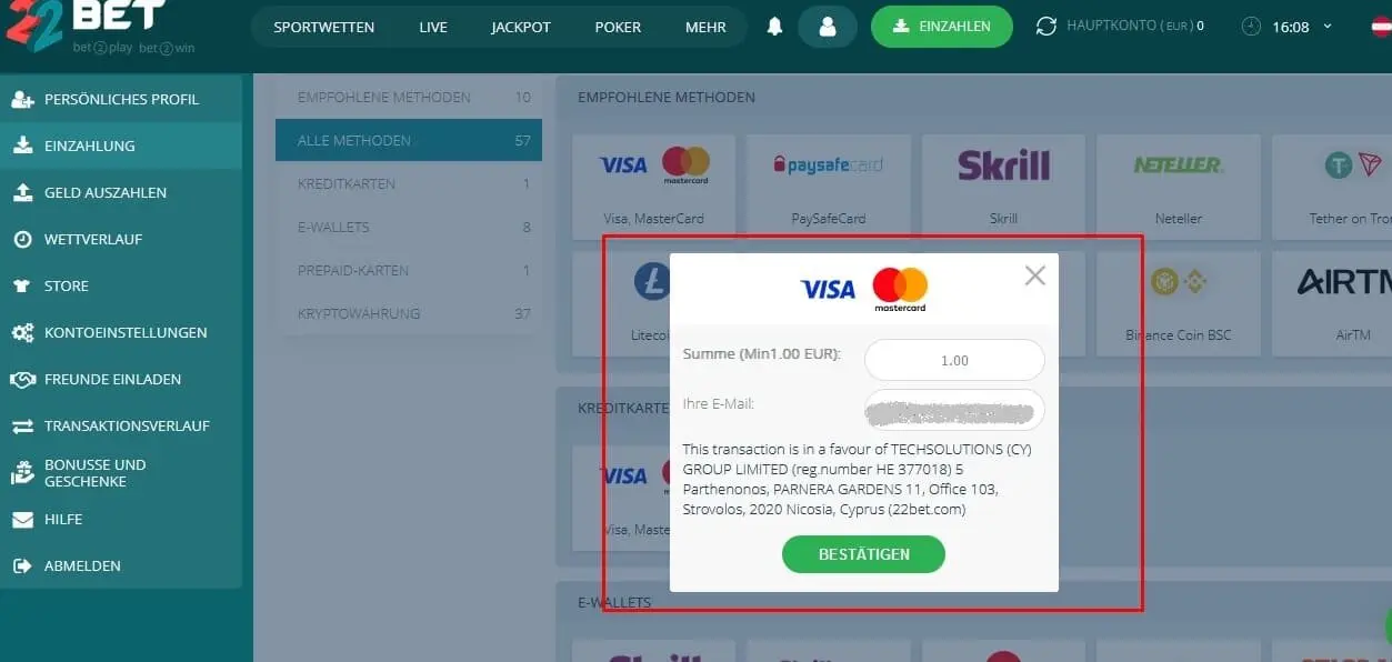 22Bet Casino 1 Euro einzahlen